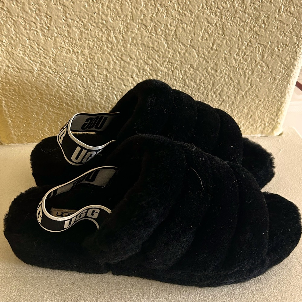UGG Black Fuzz Yeah Slide Slippers with Logo Slingback
